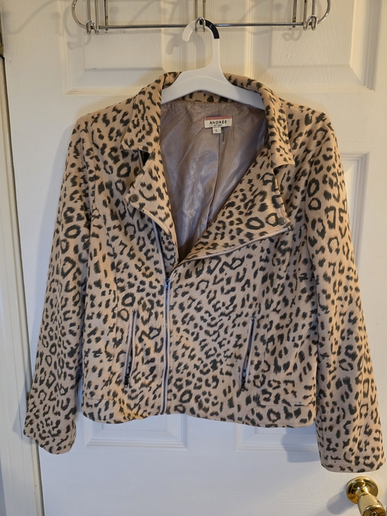 Andree Jackets & Blazers - Andree Leopard Print Moto Jacket in Beige